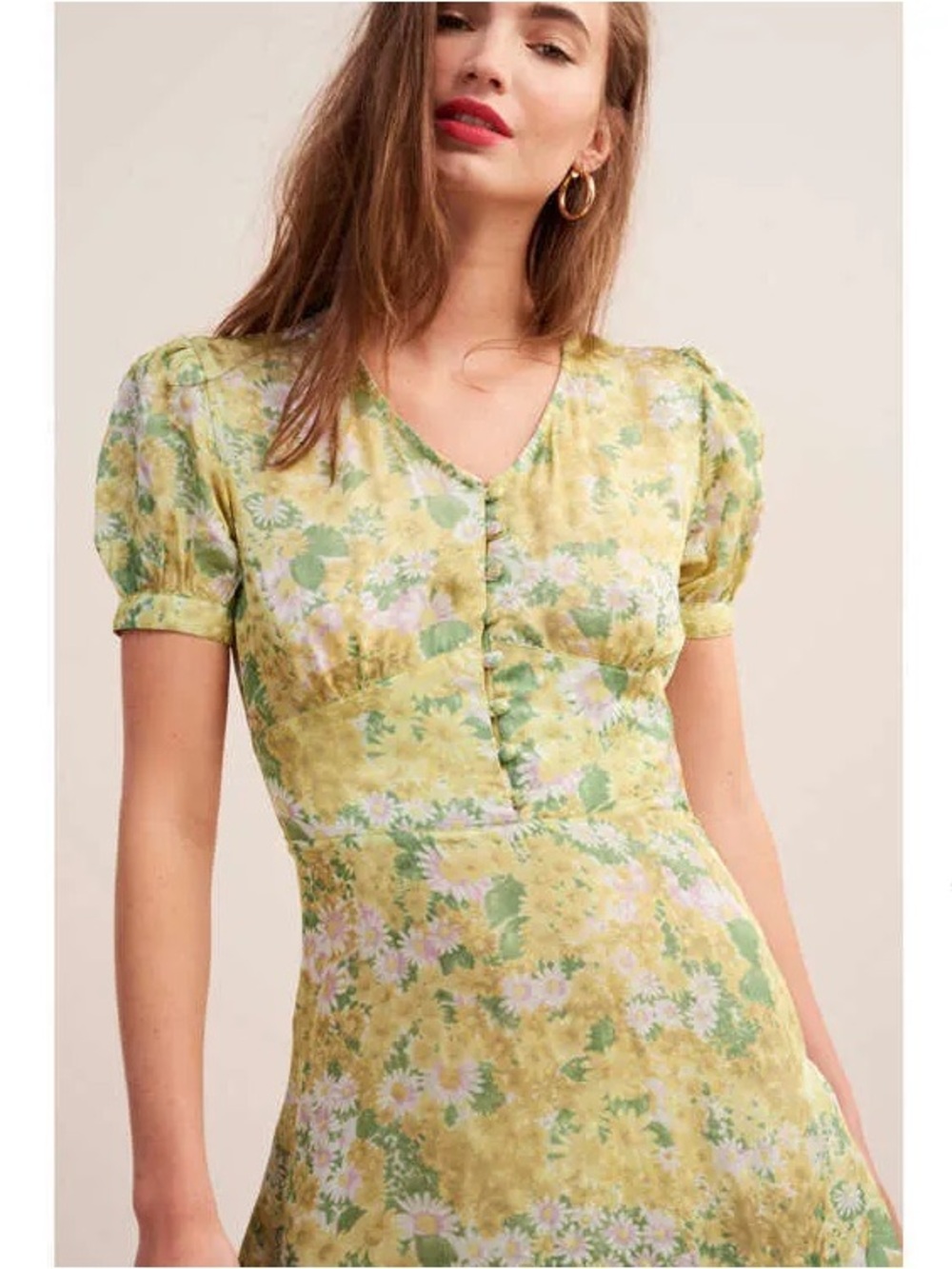 Rouje Yellow Floral V-Neck Puff Sleeve Midi Dress